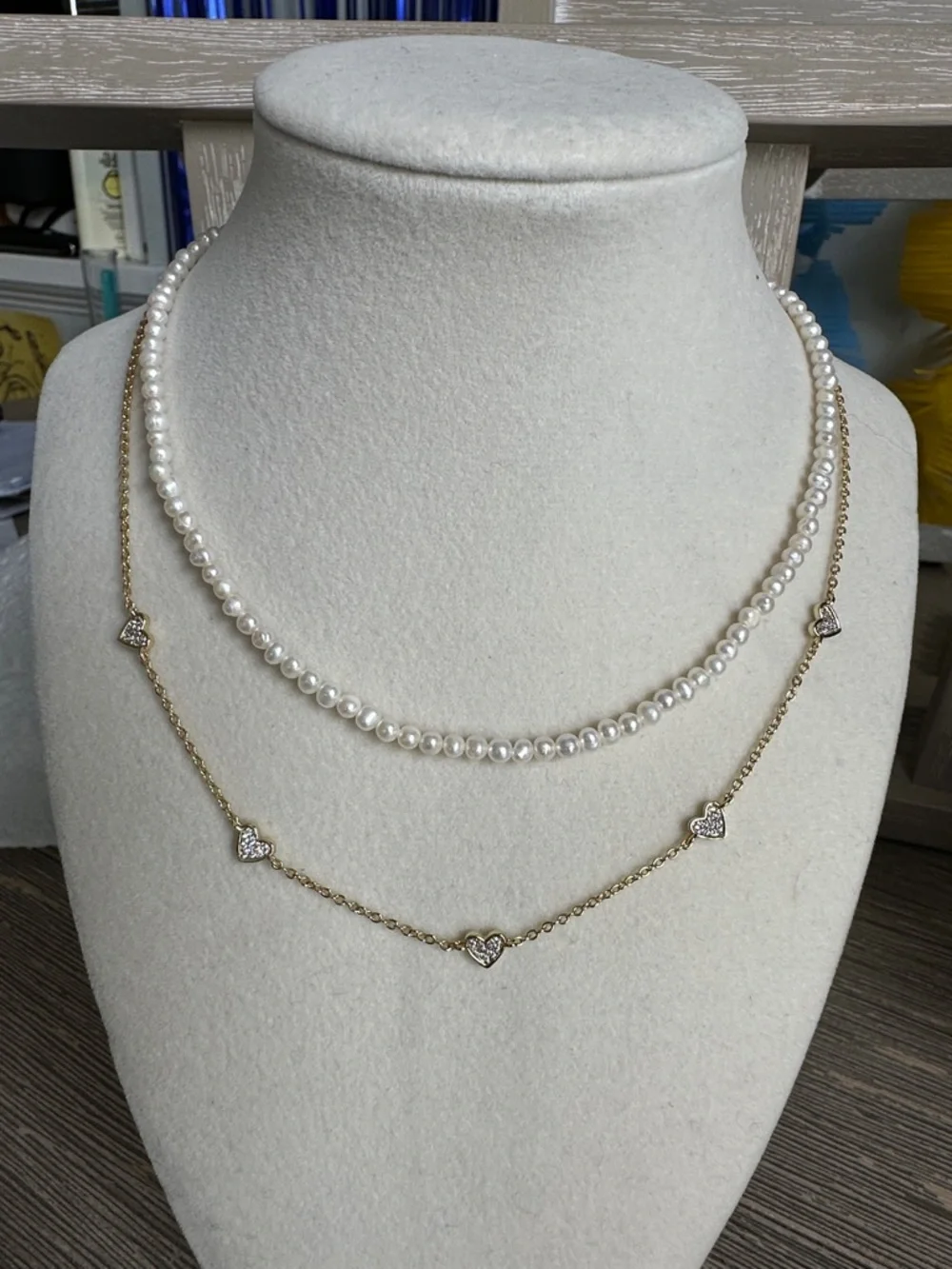 Delicate White Pearl & Gold Heart Layered Necklace Set